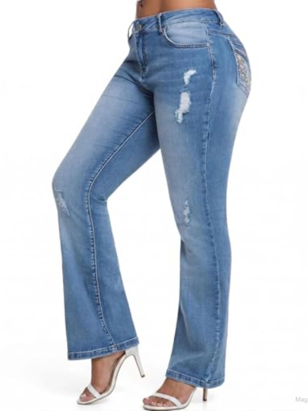 Mid Rise Bootcut Jeans Stretch Denim Ripped Distressed Women Casual Daily Wear